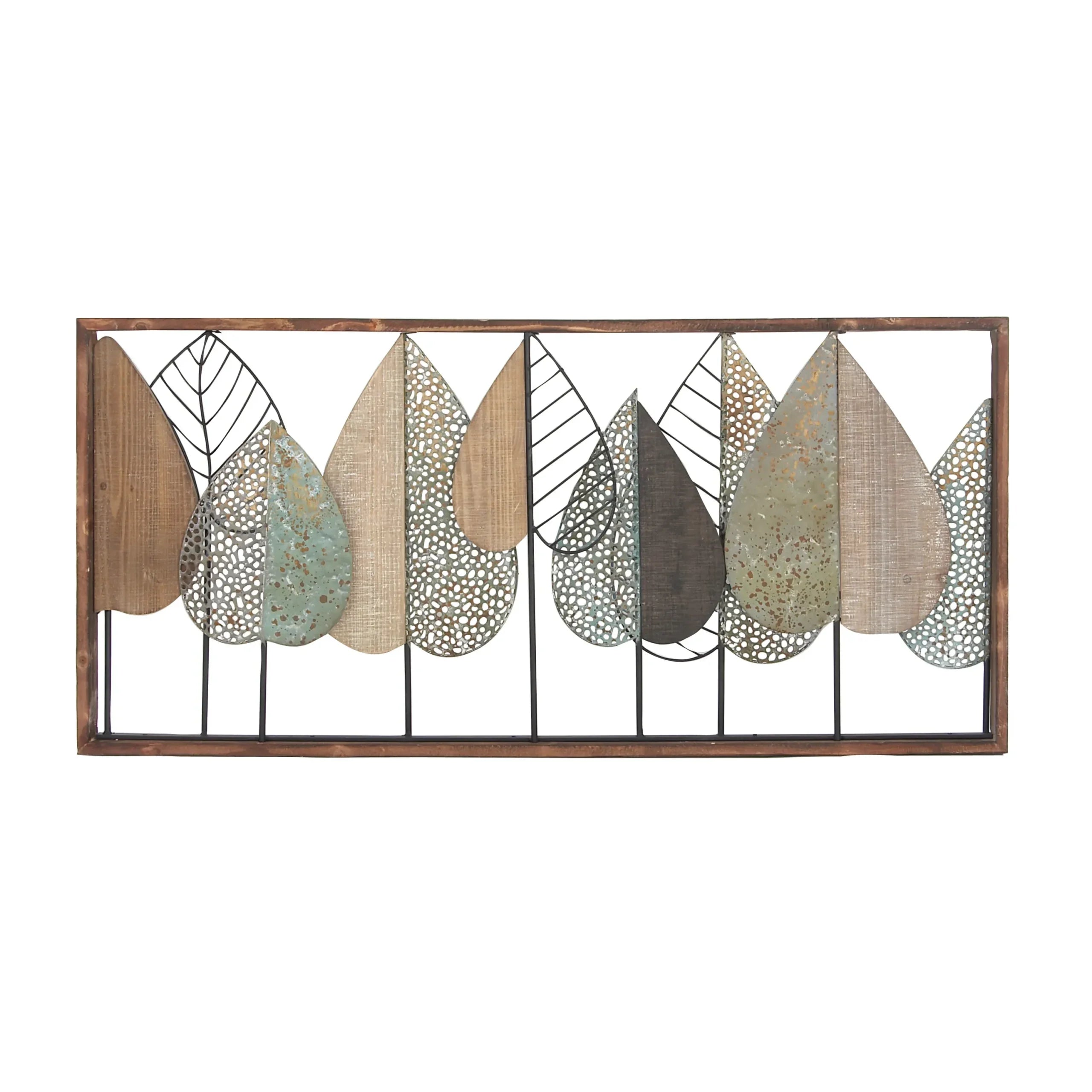 Brown Wood Varying Texture Leaf Wall Decor with Green and Black Metal image 0