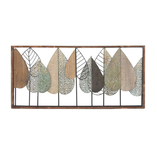 Brown Wood Varying Texture Leaf Wall Decor with Green and Black Metal image 0