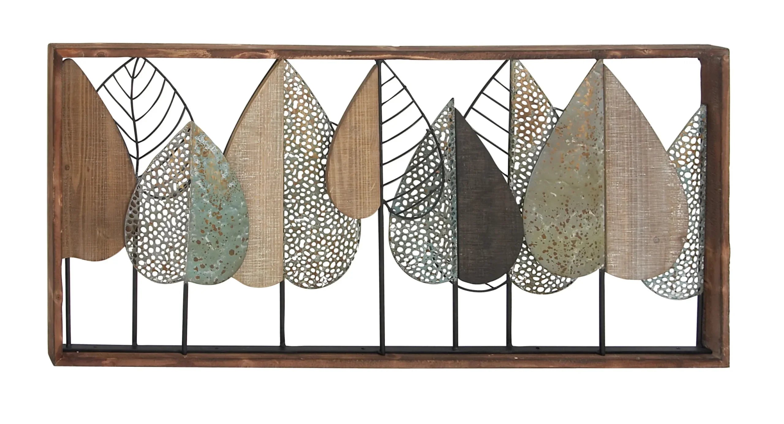 Brown Wood Varying Texture Leaf Wall Decor with Green and Black Metal image 1