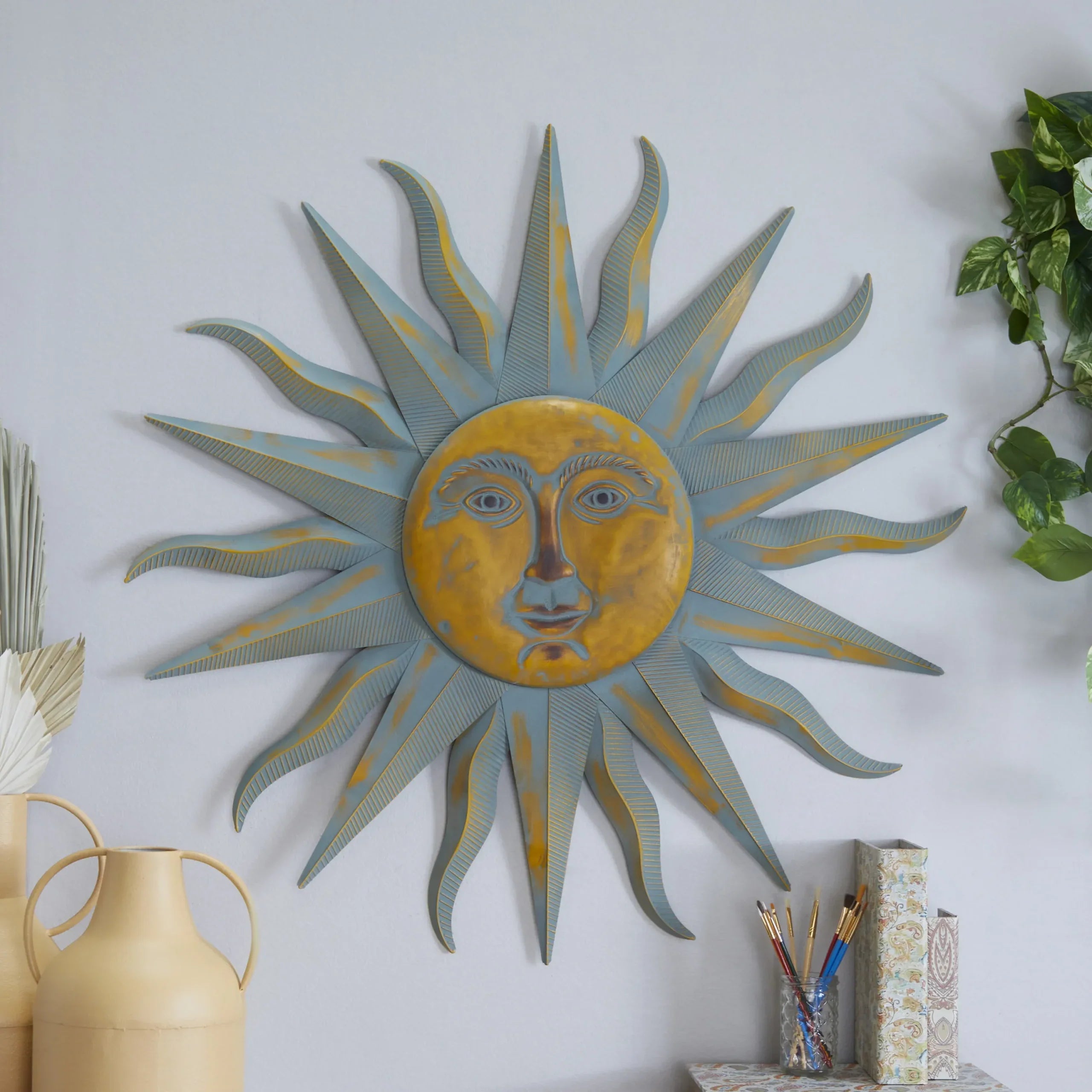 Gold Metal Indoor Outdoor Distressed Sun Wall Decor image 1