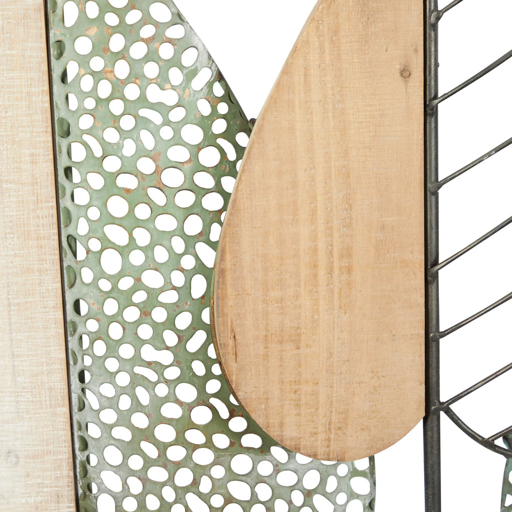 Brown Wood Varying Texture Leaf Wall Decor with Green and Black Metal image 2