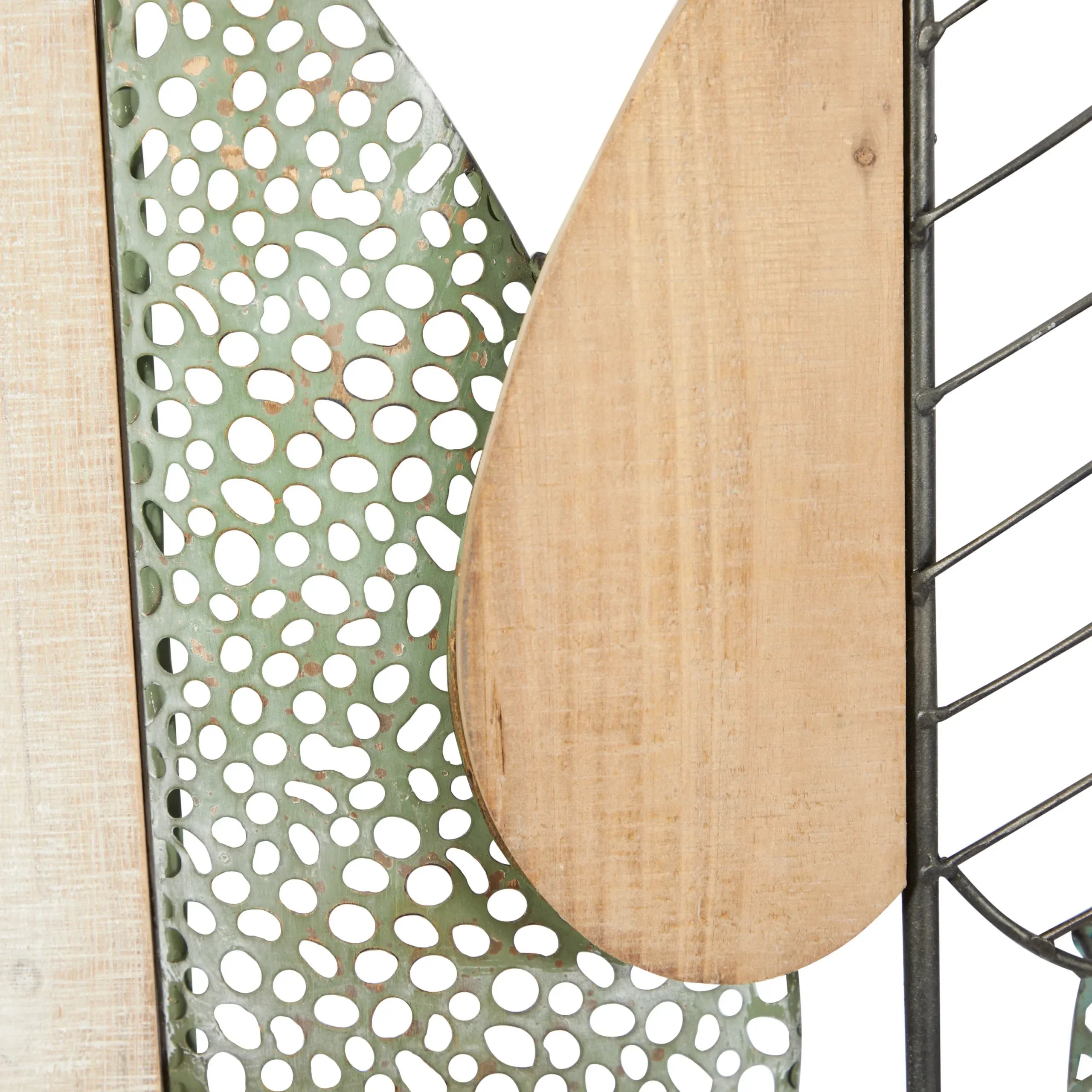 Brown Wood Varying Texture Leaf Wall Decor with Green and Black Metal image 2