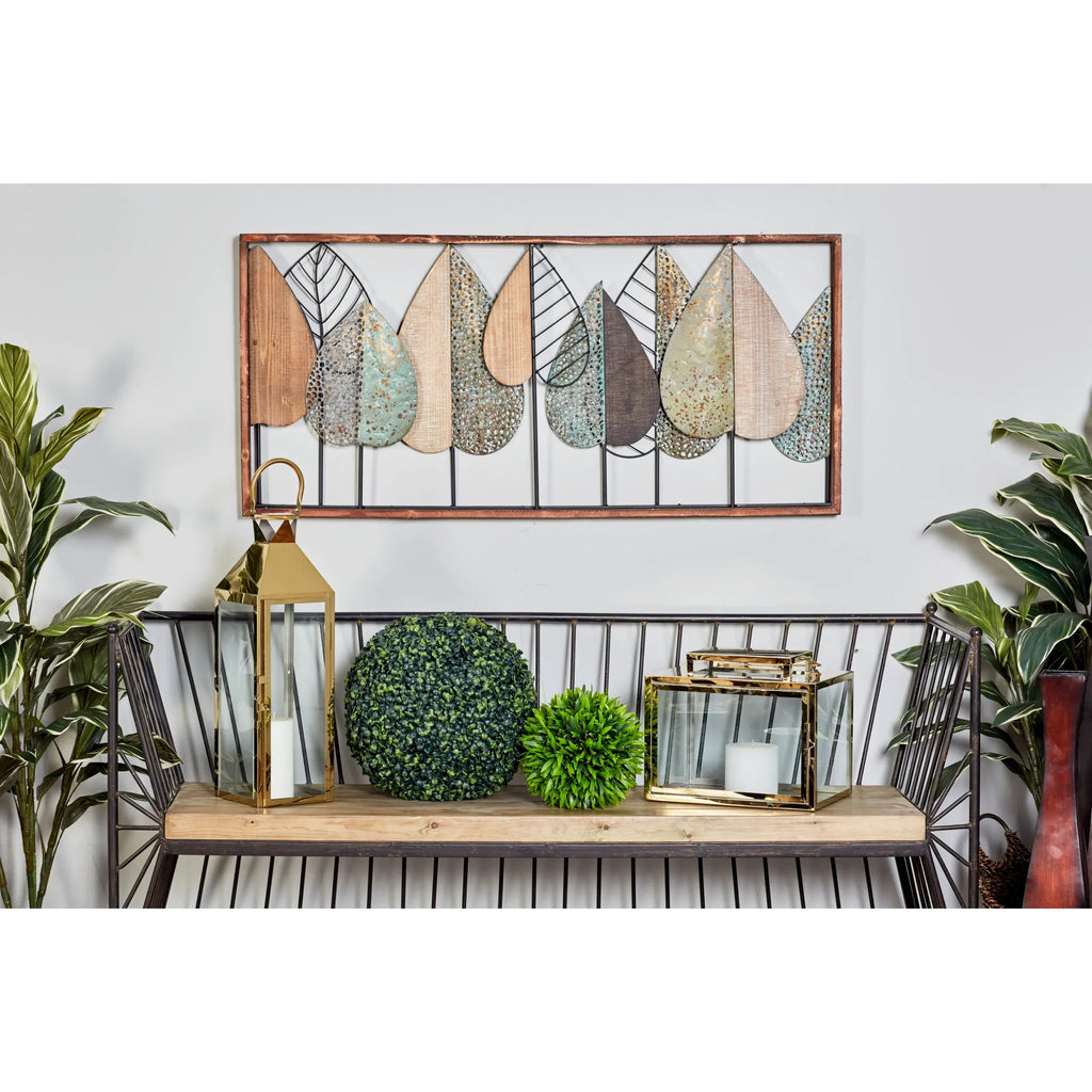 Brown Wood Varying Texture Leaf Wall Decor with Green and Black Metal image 3